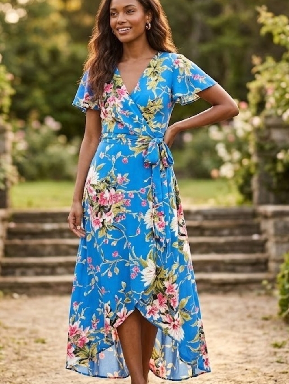 julia jordan Bright Blue Floral High-Low Wrap Dress